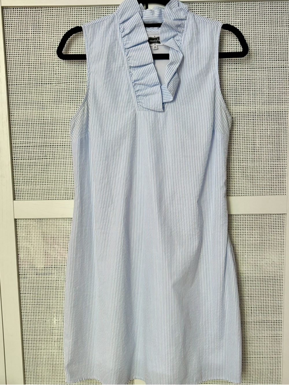 Mud Pie Light Blue & White Striped Seersucker Ruffle Neck Sleeveless Mini Dress